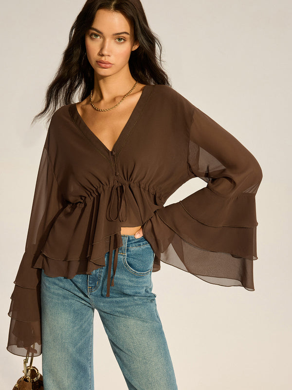 Semi-Sheer Chiffon Tiered Flared Sleeve Shirt