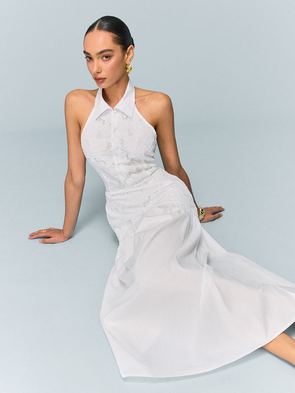 Cepli Halter Yaka İşlemeli Elbise Kemersiz 