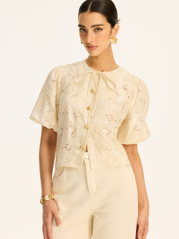 Semi-Sheer Jacquard Metal Button Cotton-Blend Top