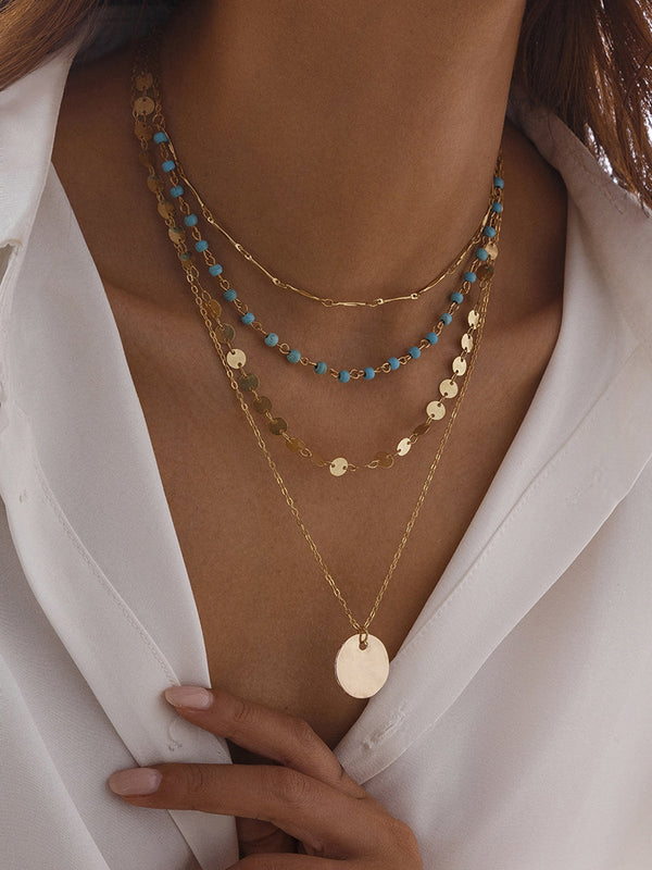 Boncuklu ve Disk Uçlu Altın Tonlu Katmanlı Kolye 