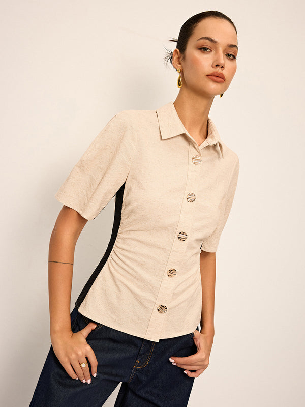 Cotton & Linen Contrast Trim Ruched Shirt