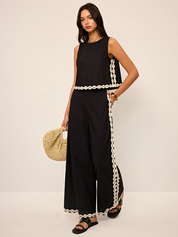 Pamuk ve Keten Kontrast Kesim Pantolon Takımı 