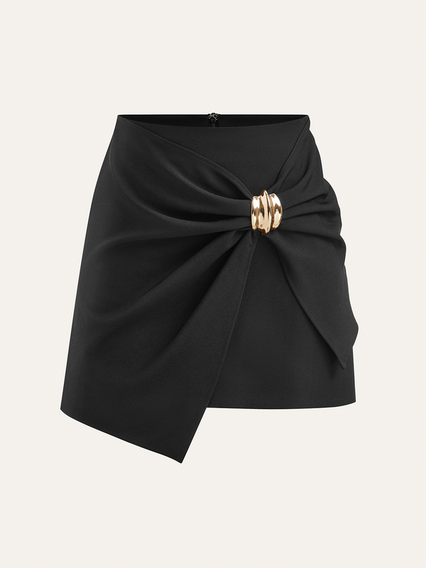 Asymmetric Ruched Wrap Mini Skirt with Metal Buckle