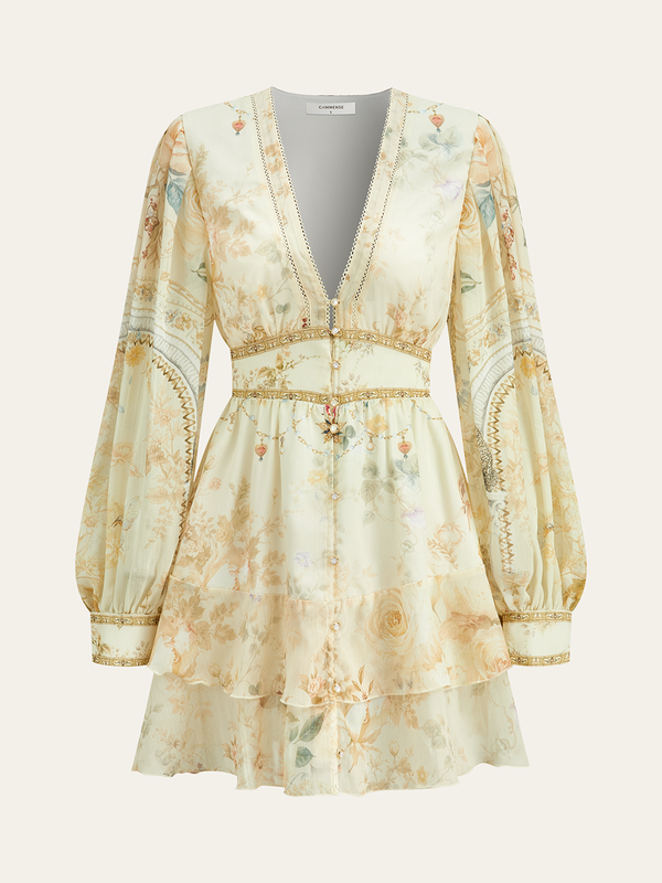 Yarı Şeffaf Şifon Çiçek Baskılı Fırfırlı Mini Elbise 