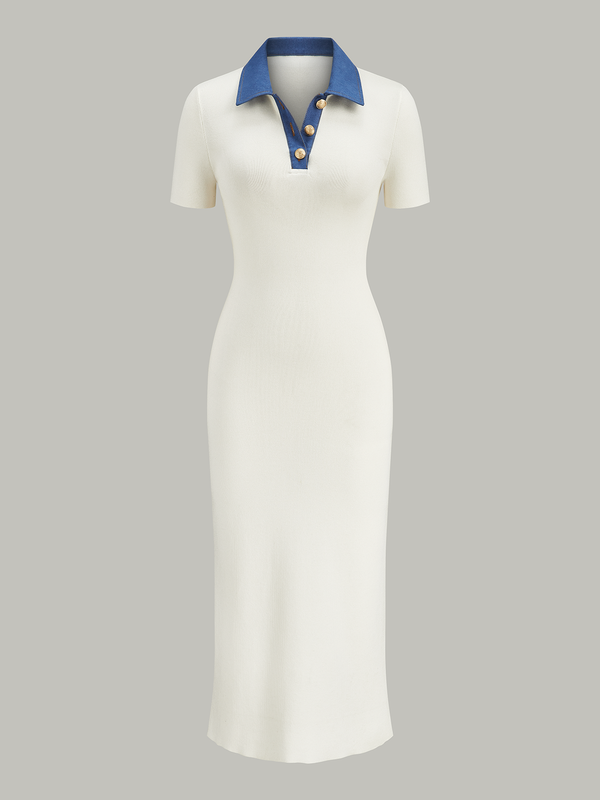 Denim-Collar Buttoned Polo Knit Midi Dress
