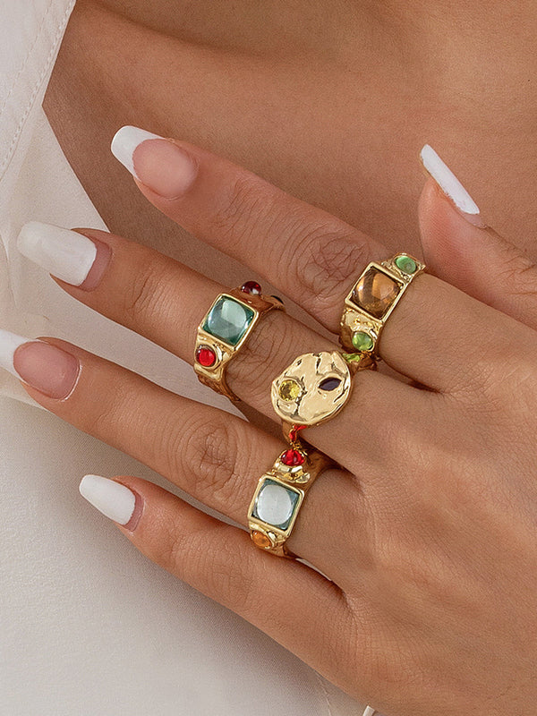 Luxury Multicolor Gemstone Gold Rings Set