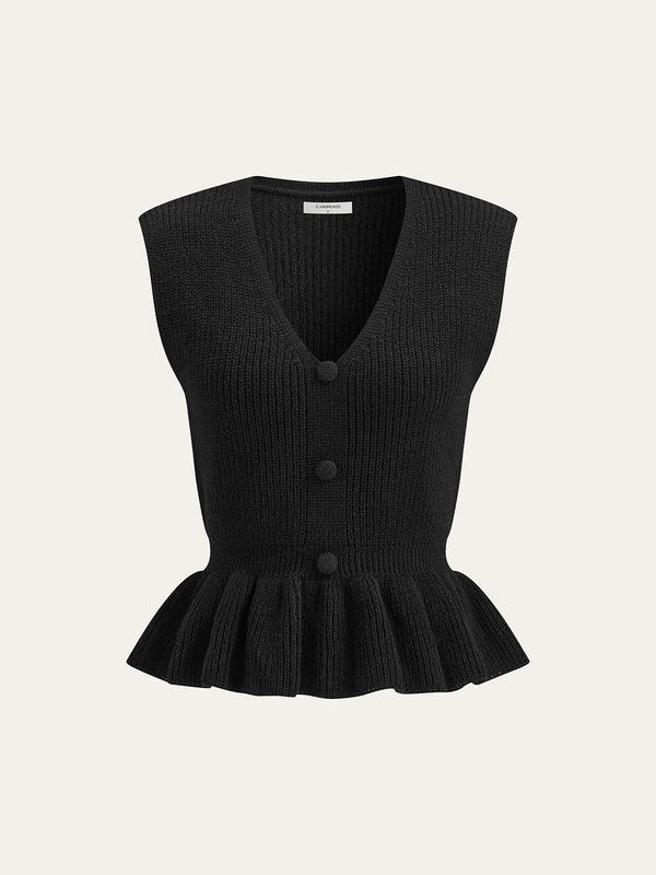 Button V-Neck Knit Peplum Vest