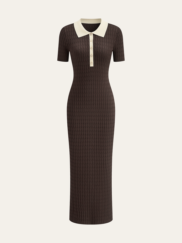 Contrast Collar Cable-Knit Midi Dress