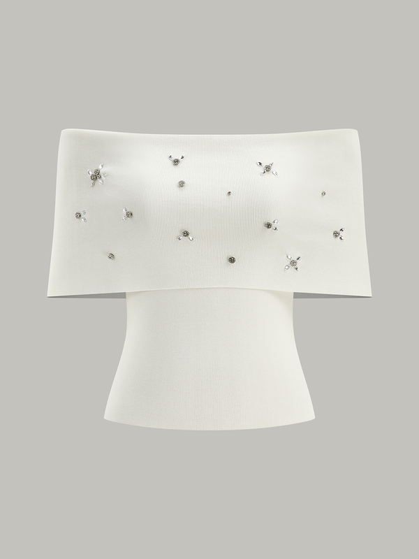 Kristal Süslemeli Omuz Açık Örgü Üst 