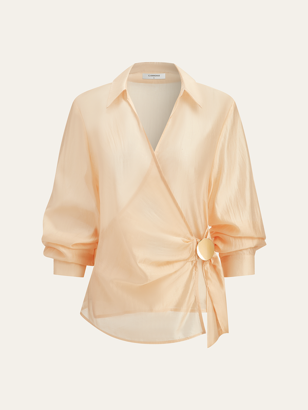 Yarı Şeffaf Metal Düğmeli Sarma Bluz 