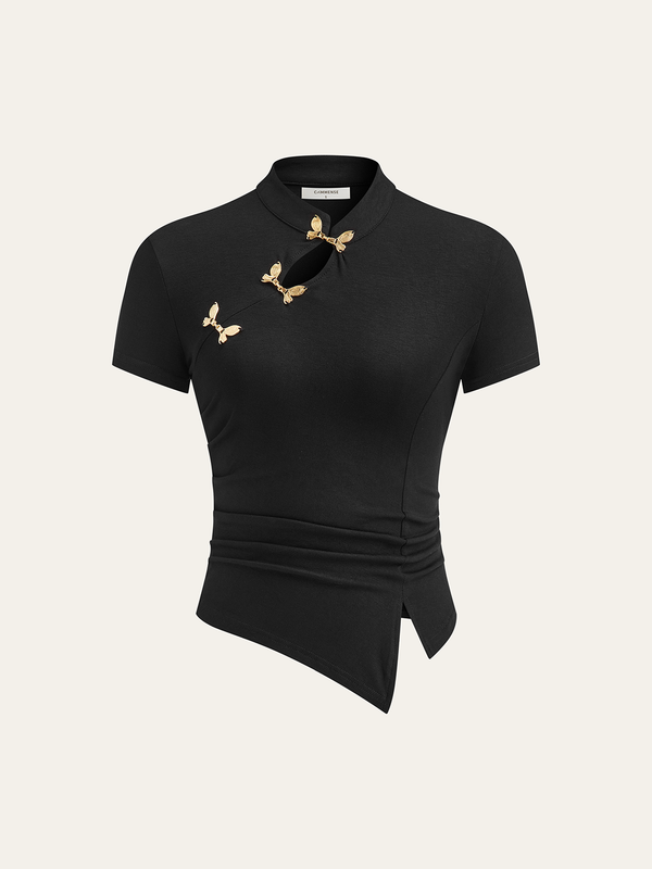 Metal Kelebek Detaylı Asimetrik Büzgülü Üst 