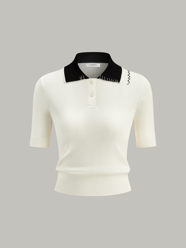 Contrast-Collar Polo Knit Top