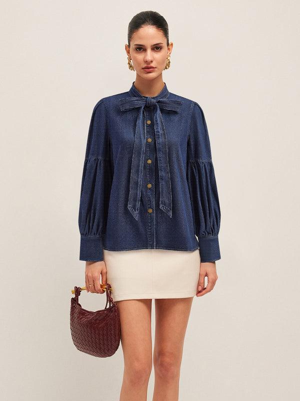 Tie Neck Denim Shirt