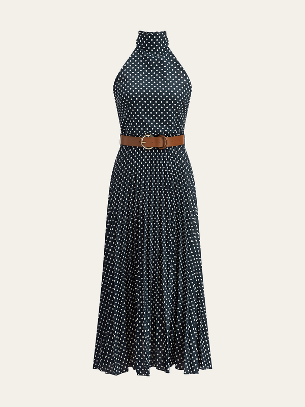 Polka Dot Halter Neck Belted Midi Dress