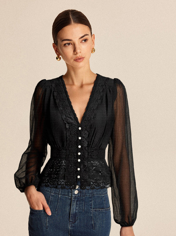 Semi-Sheer Lace Trim Pearl Button Top
