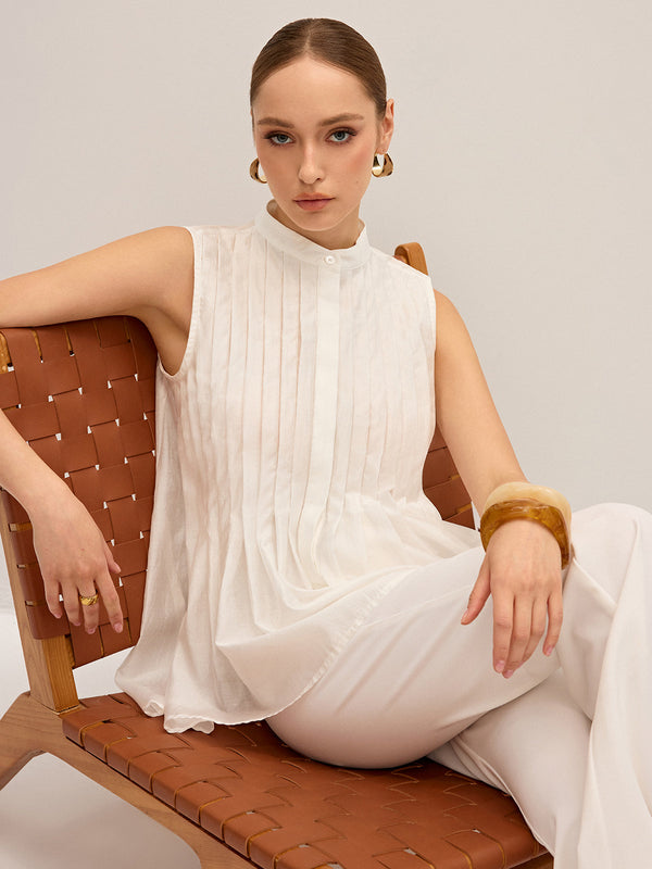 Semi-Sheer Pleated Mock Neck Blouse