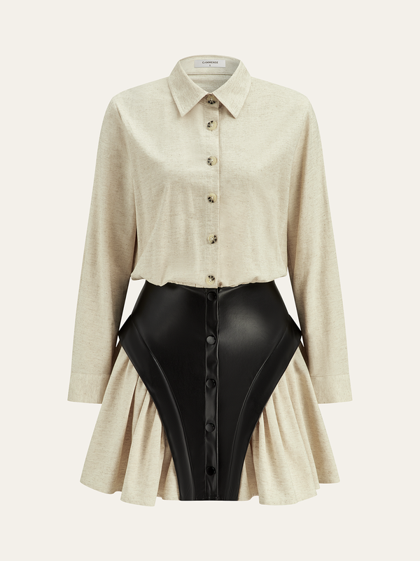 Suni Deri Panelli Gömlek Elbise 