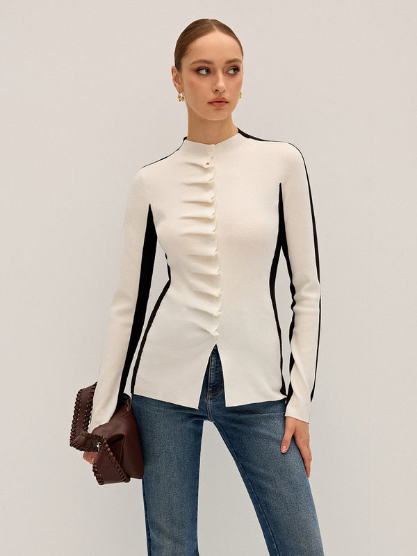 Volanlı Düğmeli Dar Örgü Üst 