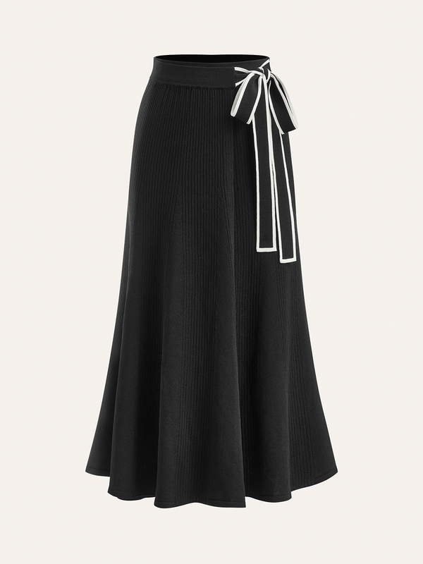 Contrast Bow Belt Ribbed Knit Midi Skirt