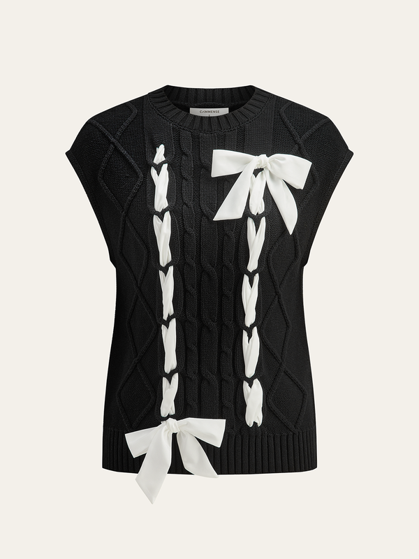 Cable-Knit Bow Cap Sleeve Vest