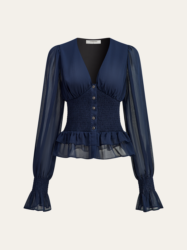 File Panelli Fırfırlı Etek Ucu Fırfırlı Bel Bluz 