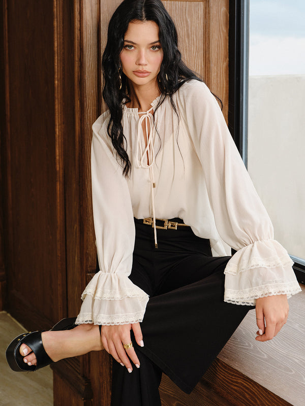 Çan Kollu Şeffaf Şifon Bluz Takımı ve Astarı 