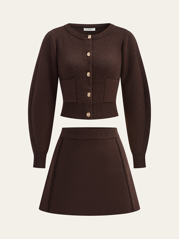 Lamb Sleeve Metal Button Knit Top and Skirt Set