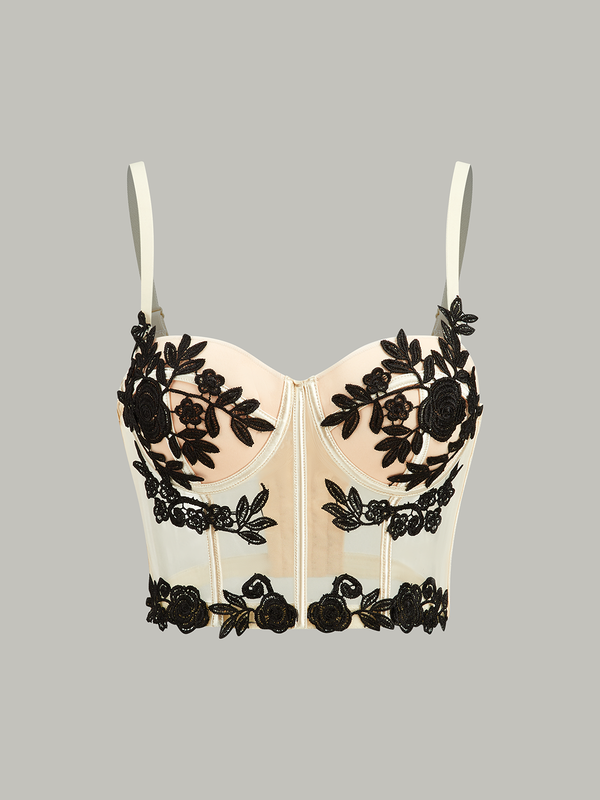 Semi-Sheer Floral Embroidery Mesh Corset Top