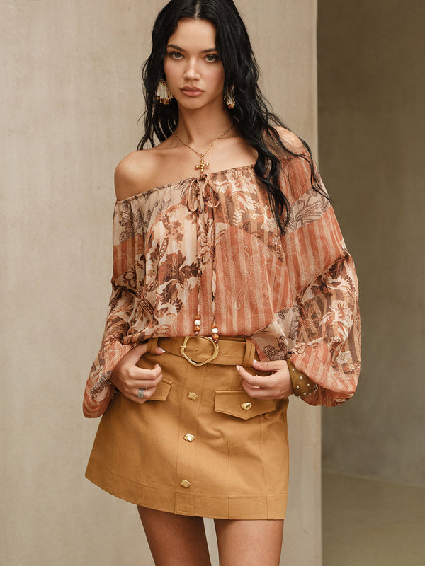 Boho Desenli Yarı Şeffaf Şifon Önden Bağcıklı Bluz 