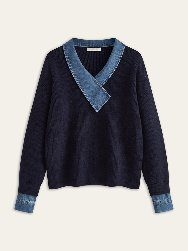 Denim Panel Asymmetric V-Neck Knit Top