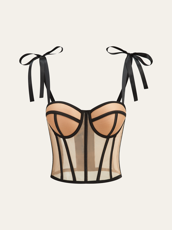 Sheer Mesh Bow-Tied Strap Corset Top