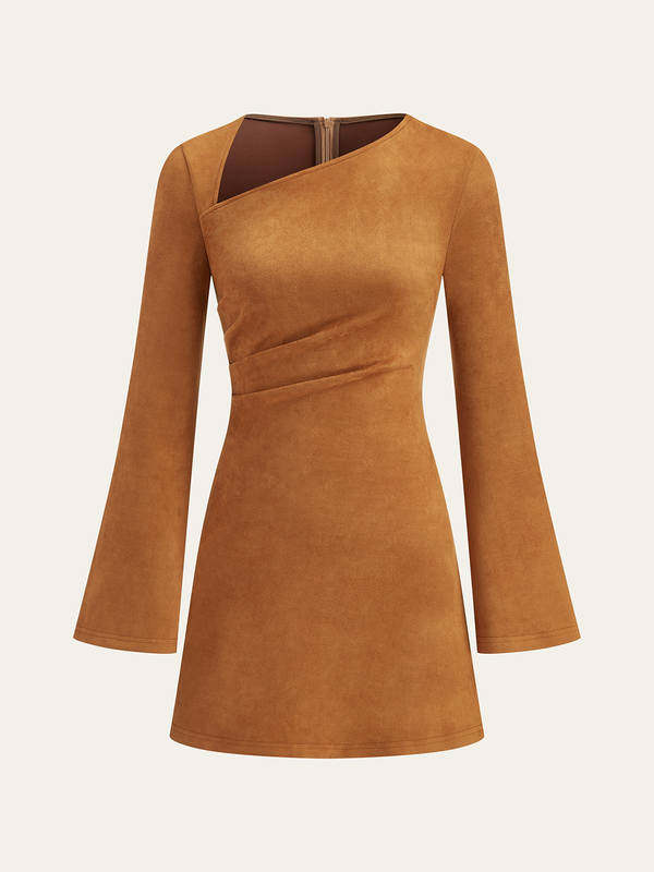 Asymmetrical Ruched Long Sleeve Suede Mini Dress