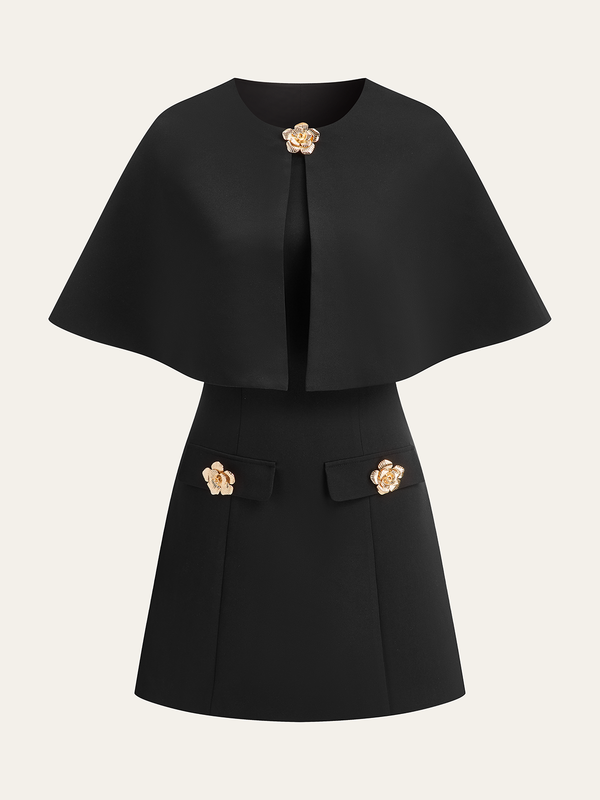 Çıkarılabilir Pelerin Metal Çiçek Detaylı Elbise Takımı 