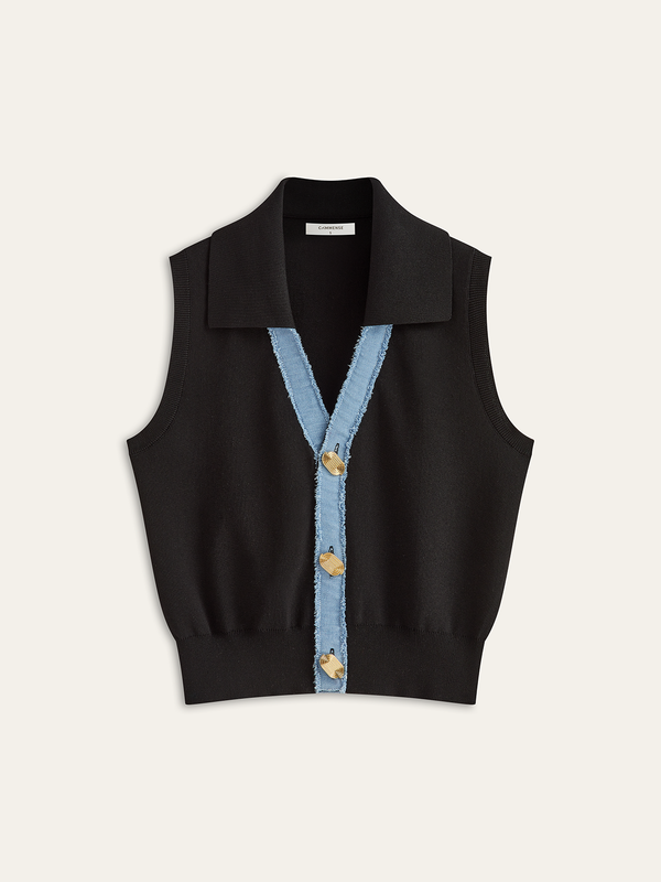 Denim Placket Button Knit Vest