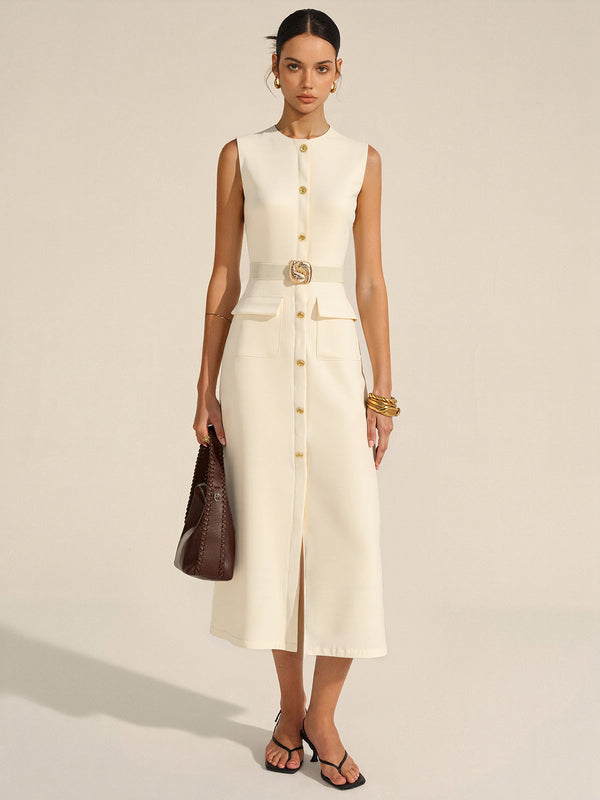 Button-Front Belted Maxi Dress