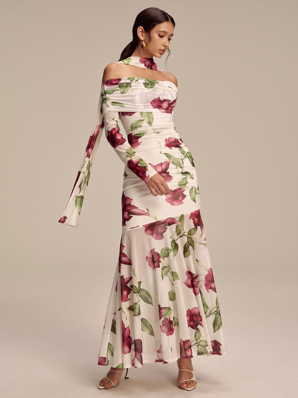 Floral Print Off-Shoulder Mesh Maxi Dress with Scarf Detail