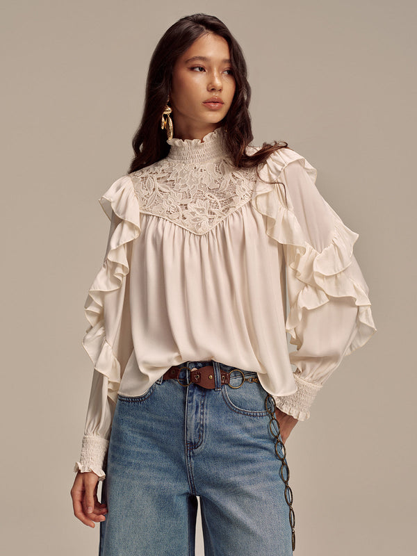 Embroidered Mock Neck Ruffled Blouse