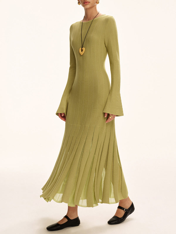 File Pileli Etek Ucu Örme Uzun Elbise 