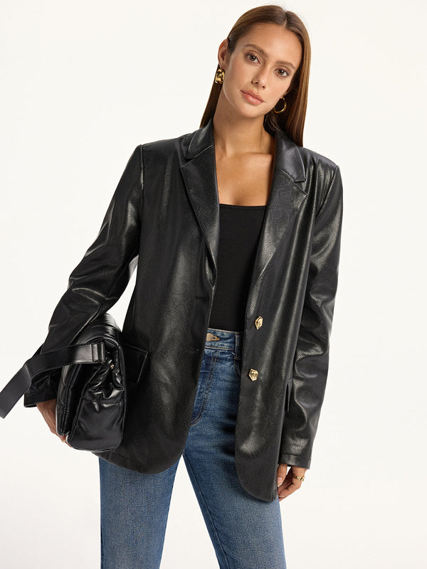 Yılan Desenli Metal Düğmeli PU Deri Blazer 