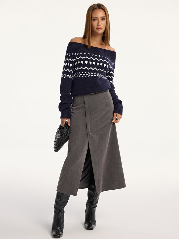 Omuz Açık Fair Isle Örgü Kazak 