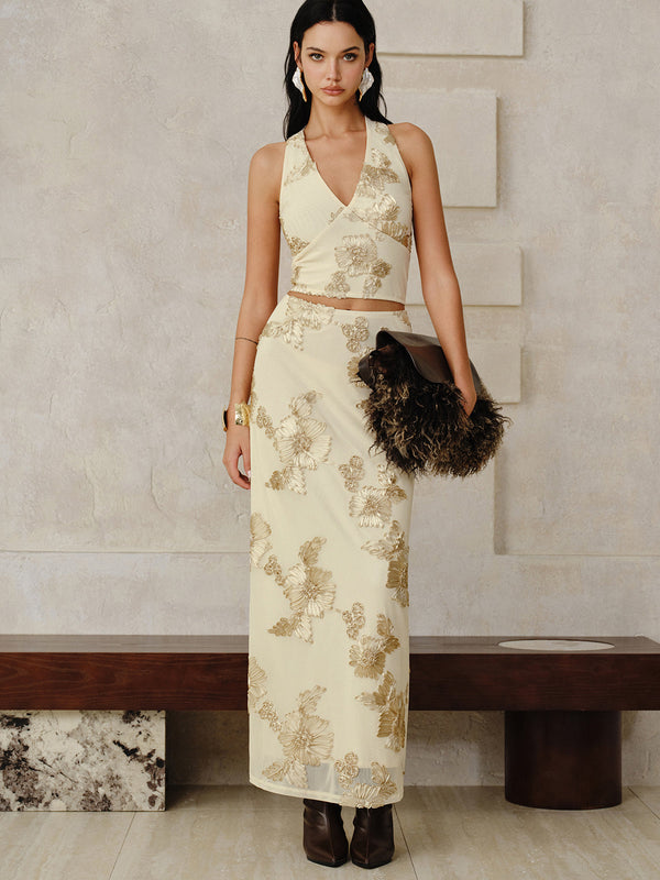 Çiçek İşlemeli Askılı Üst ve Etek Takımı