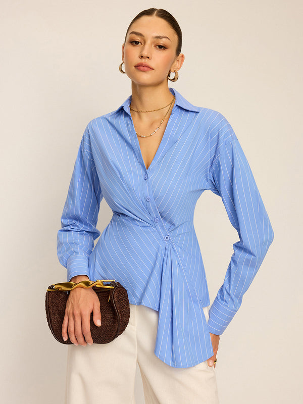 Çizgili Asimetrik Uzun Kollu Gömlek 