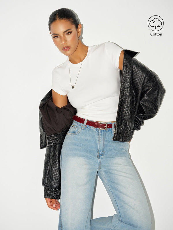 Ribanalı Yuvarlak Yaka Kısa Kollu Pamuk Karışımlı Üst 