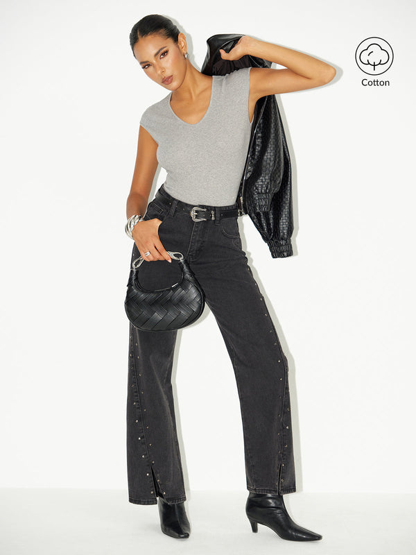 V Yaka Kısa Kollu Pamuk Karışımlı Üst