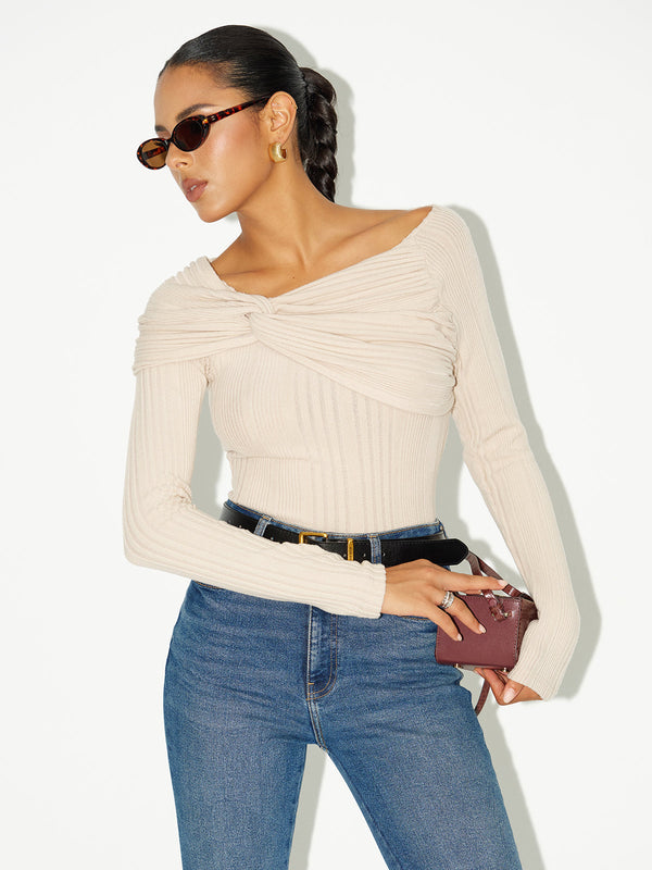 Asymmetric Twist-Front Ribbed Knit Top