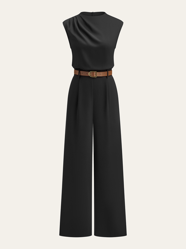 Belted Mock Neck Wide-Leg Jumpsuit