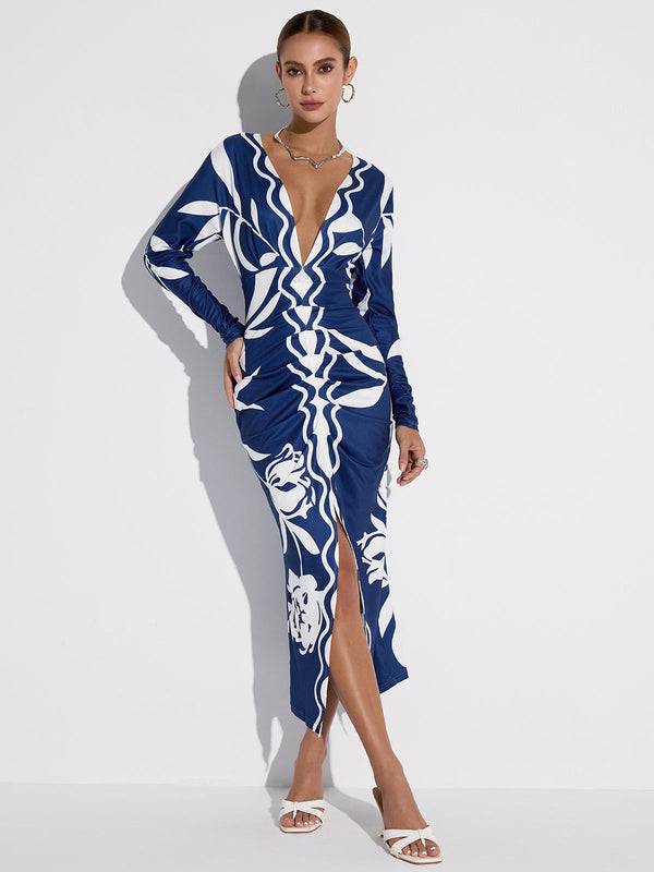 Printed Plunge Neck Slit Midi Dress