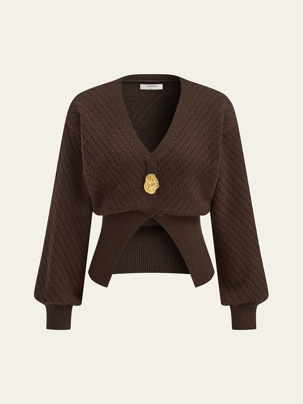 Metal Detaylı V Yakalı Beli Sıkılaştırılmış Kazak 