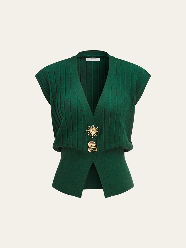 Metal Detaylı Kısa Kollu Ribana Örgü Yelek 