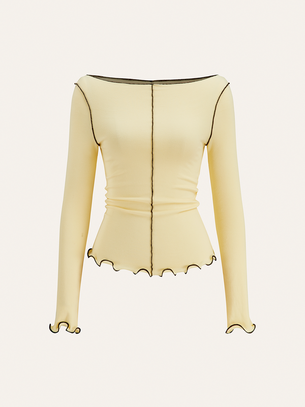 Uzun Kollu Kontrast Kenarlı Fırfırlı Tişört 